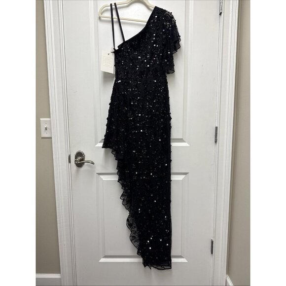 Mac Duggal Size 4 Black 93687 One Shoulder Beaded Asymmetrical Hem Gown Dress - Picture 8 of 12